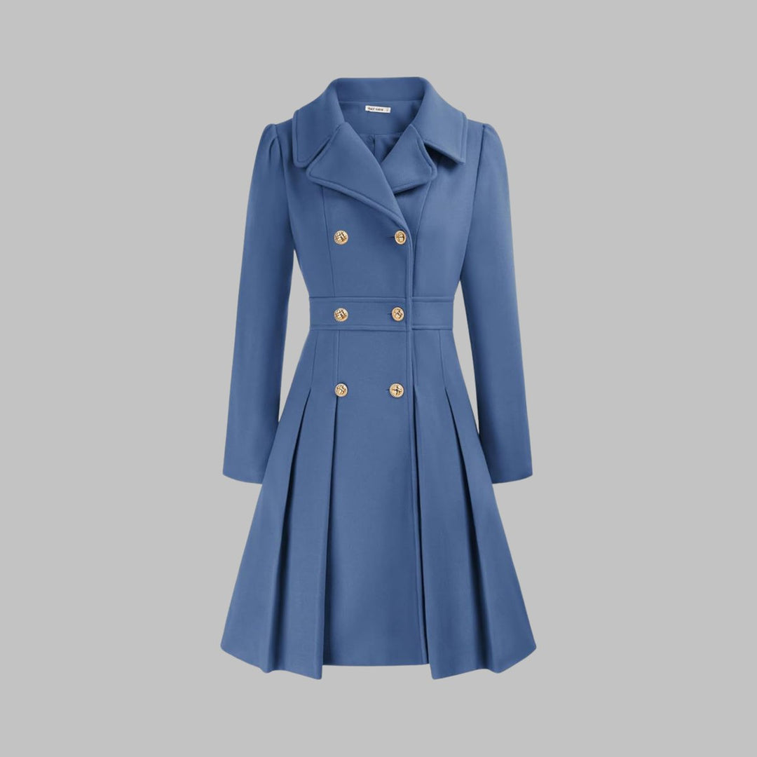 Women's Coat Double-Breasted Pleated A-Line Long Sleeve Overcoat - Gray Blue