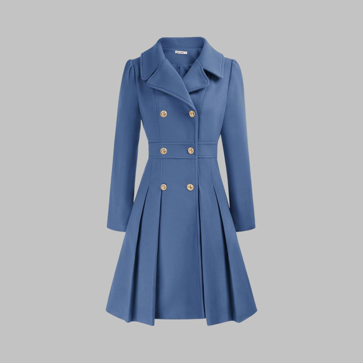 Women's Coat Double-Breasted Pleated A-Line Long Sleeve Overcoat - Gray Blue
