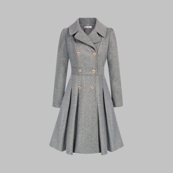 Women's Coat Double-Breasted Pleated A-Line Long Sleeve Overcoat - Light Gray