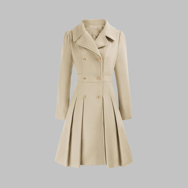 Women's Coat Double-Breasted Pleated A-Line Long Sleeve Overcoat - Beige