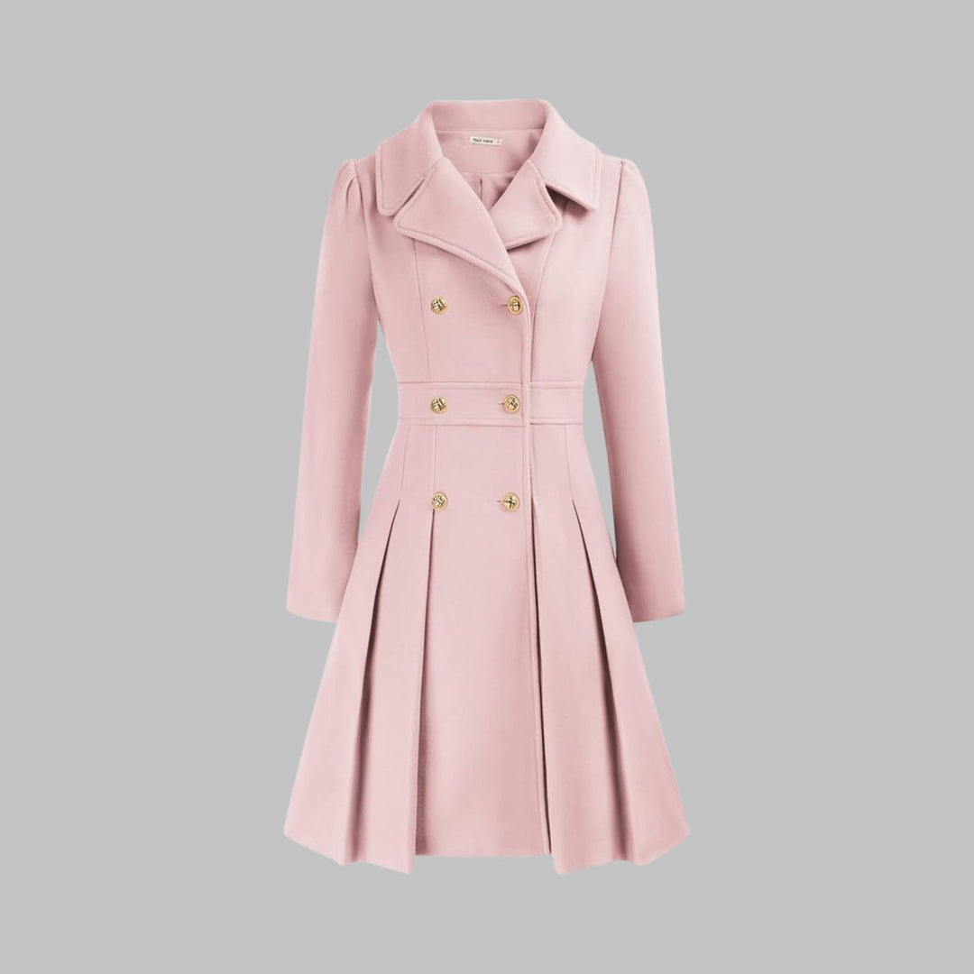 Women's Coat Double-Breasted Pleated A-Line Long Sleeve Overcoat - Light Pink