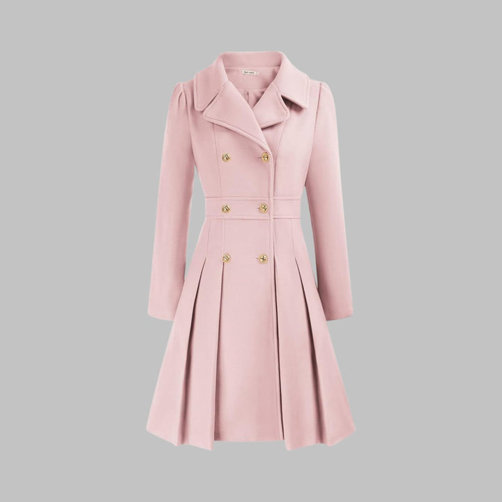 Women's Coat Double-Breasted Pleated A-Line Long Sleeve Overcoat - Light Pink