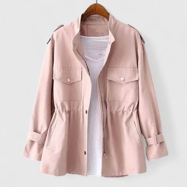Women's Coat Drawstring-Waist Utility Jacket Snap-Pocket - Pink
