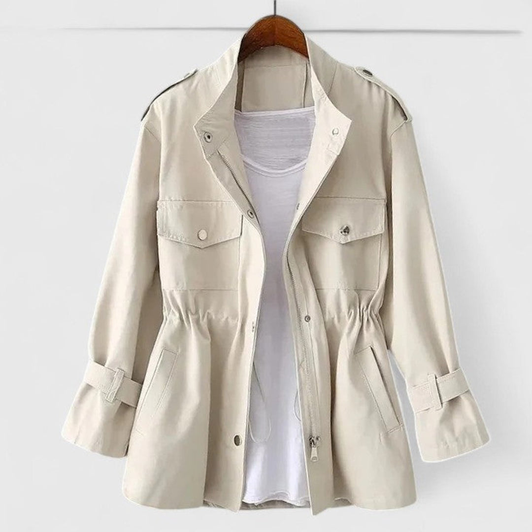 Women's Coat Drawstring-Waist Utility Jacket Snap-Pocket - Cream