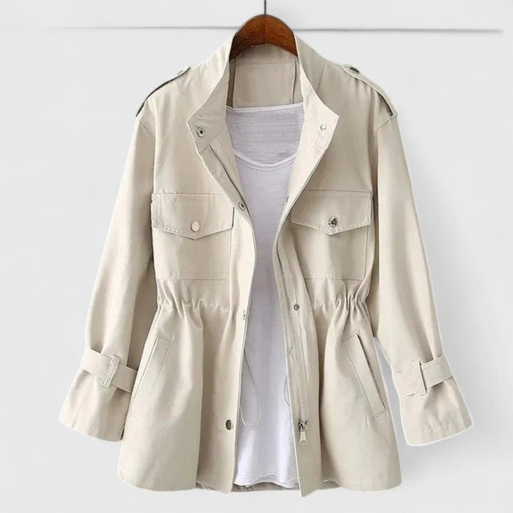 Women's Coat Drawstring-Waist Utility Jacket Snap-Pocket - Cream