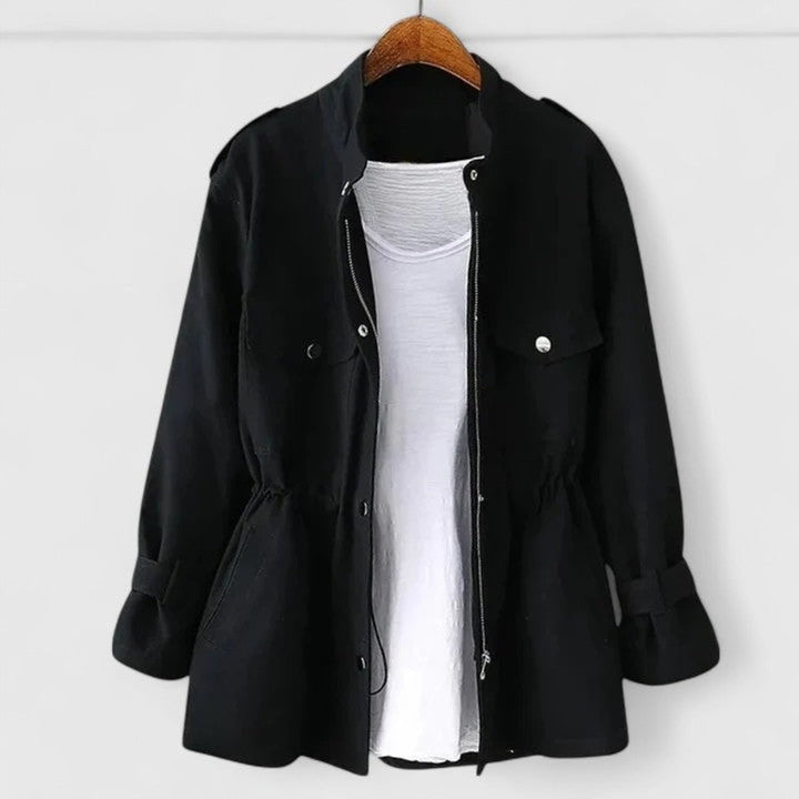 Women's Coat Drawstring-Waist Utility Jacket Snap-Pocket - Black