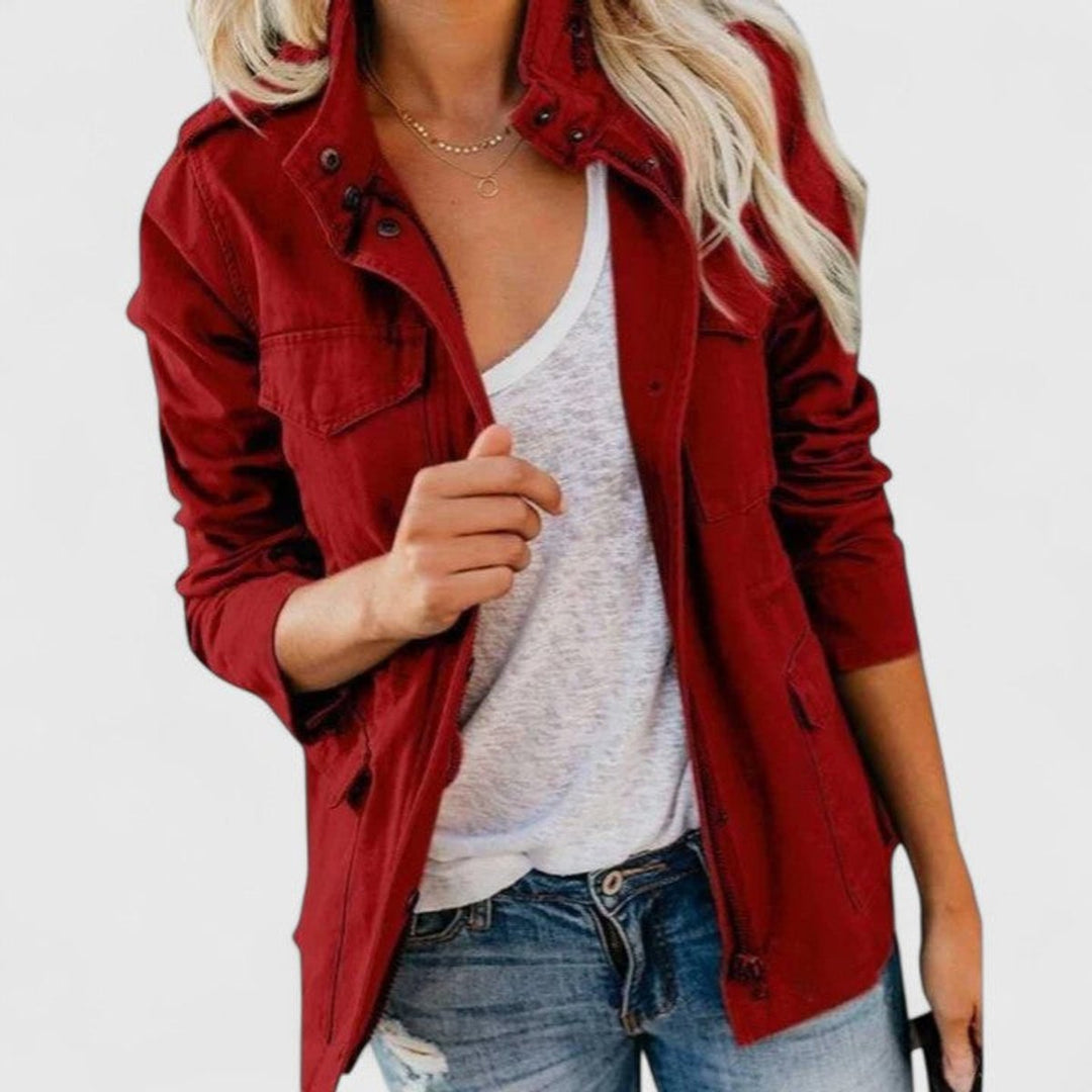 Women's Coat Lightweight Utility Jacket Drawstring Waist - Red
