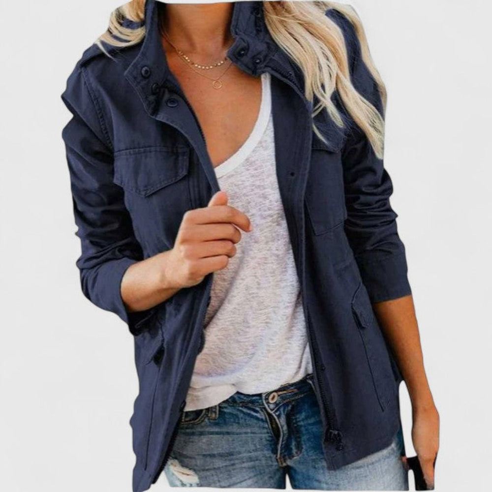 Women's Coat Lightweight Utility Jacket Drawstring Waist - Navy Blue