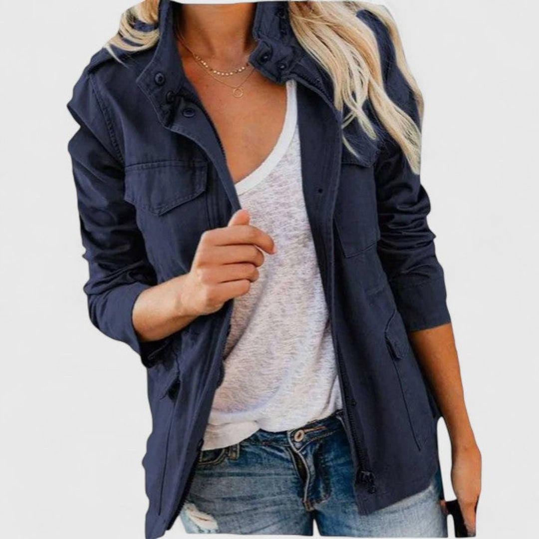 Women's Coat Lightweight Utility Jacket Drawstring Waist - Navy Blue