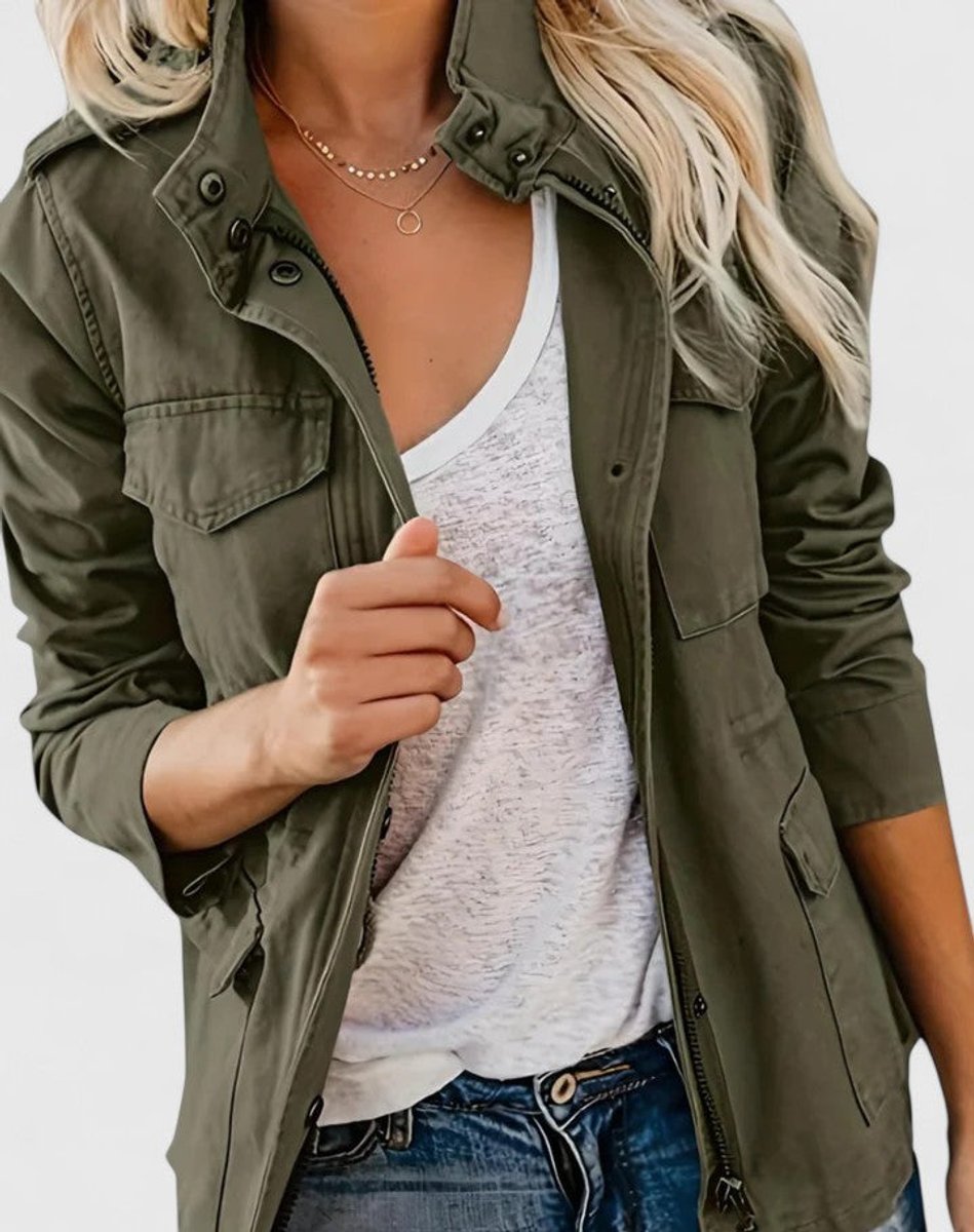 Women's Coat Lightweight Utility Jacket Drawstring Waist - Green