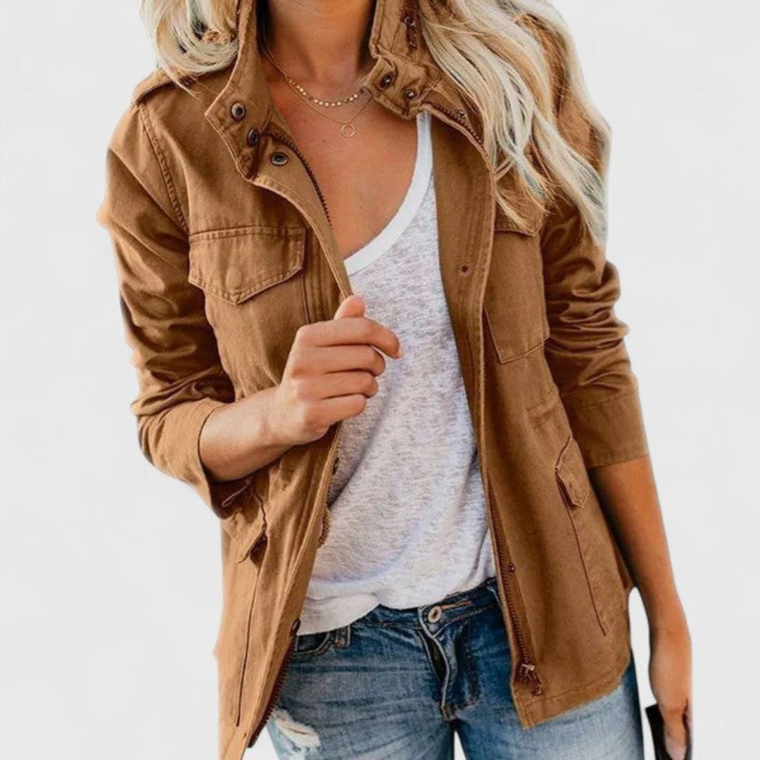 Women's Coat Lightweight Utility Jacket Drawstring Waist - Khaki