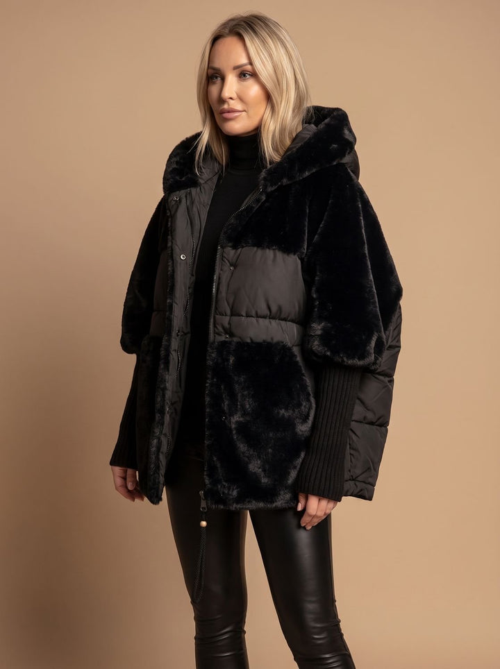 Women's Coat Oversized Faux Fur Quilted Hooded Puffer Jacket - Black
