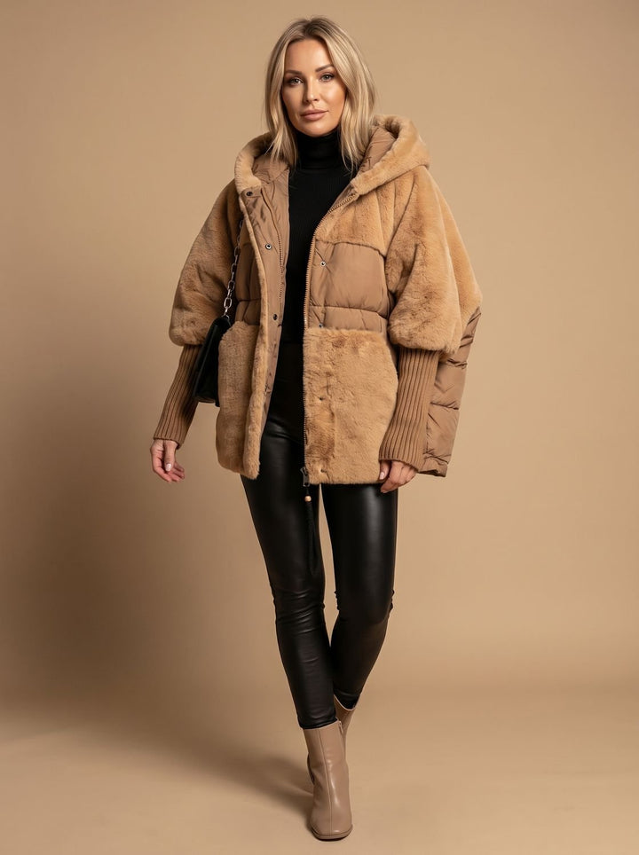 Women's Coat Oversized Faux Fur Quilted Hooded Puffer Jacket - Dark Khaki