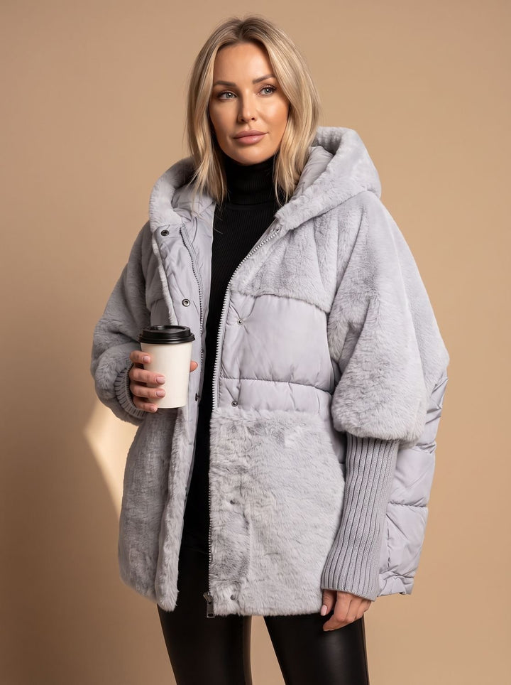 Women's Coat Oversized Faux Fur Quilted Hooded Puffer Jacket - Gray
