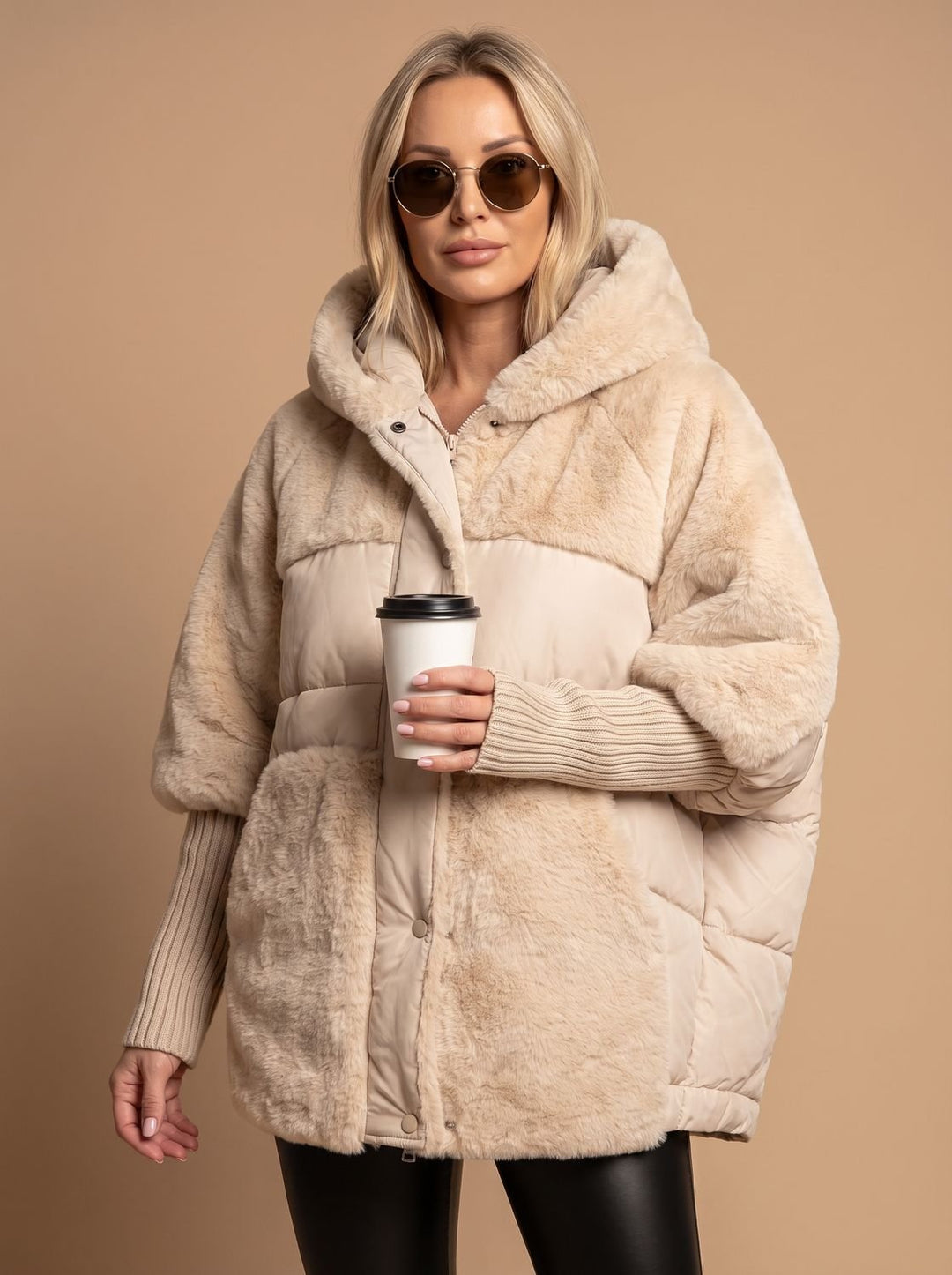 Women's Coat Oversized Faux Fur Quilted Hooded Puffer Jacket - Beige