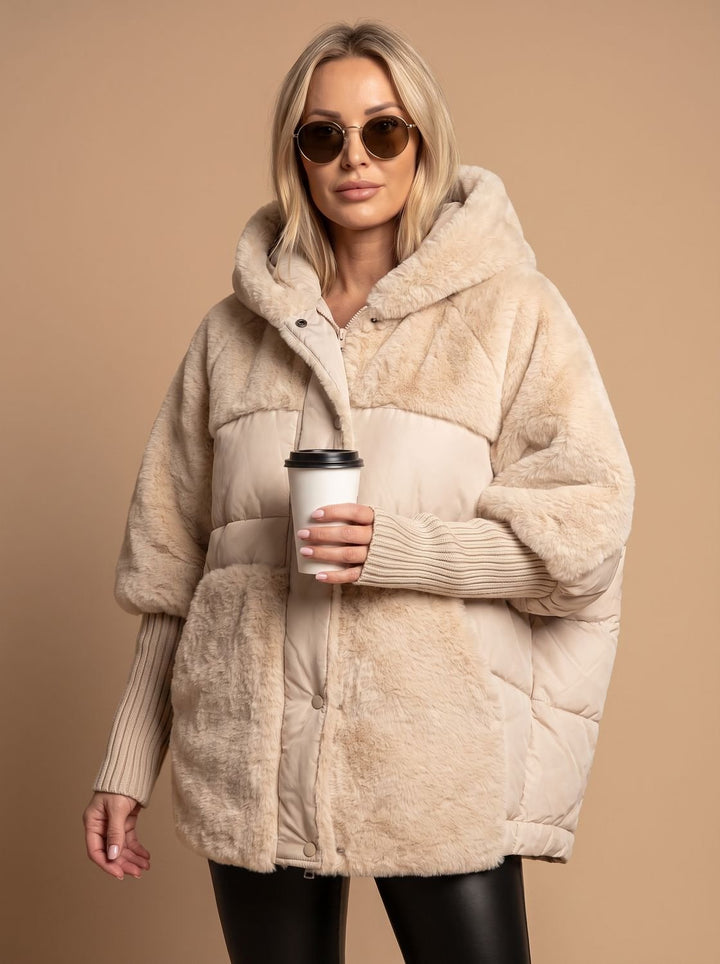 Women's Coat Oversized Faux Fur Quilted Hooded Puffer Jacket - Beige