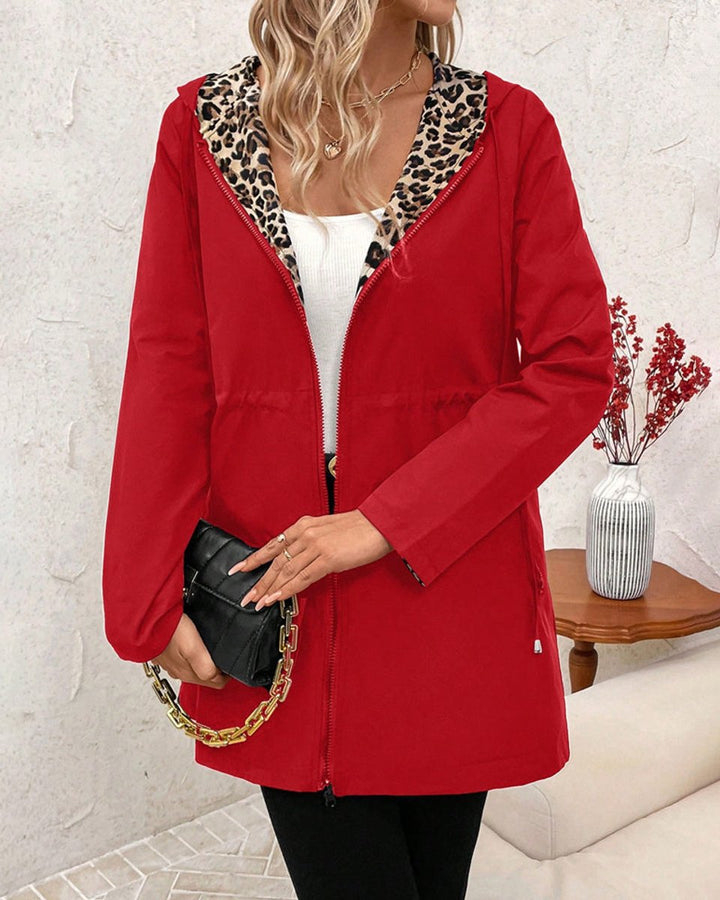 Women's Coat Reversible Leopard Print Hooded Zip-Up Jacket