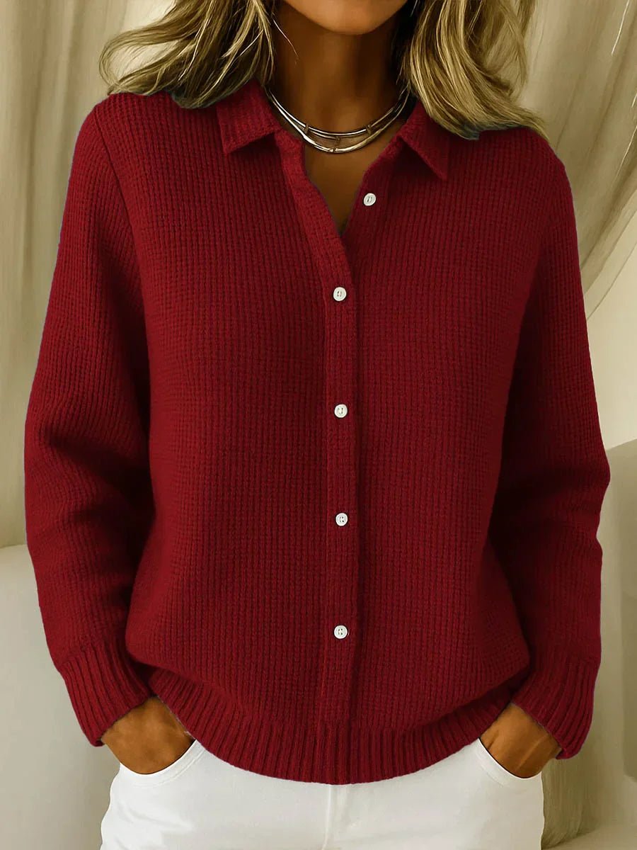 Women's Collared Button-Down Textured Knit Sweater Cardigan - Wine Red