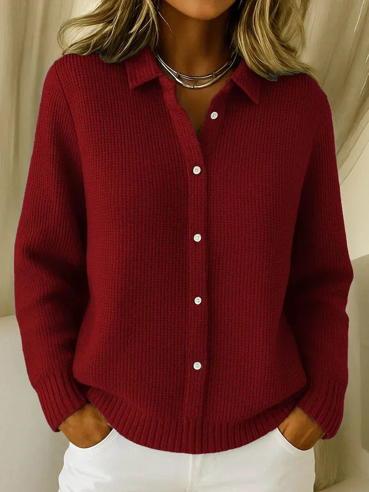 Women's Collared Button-Down Textured Knit Sweater Cardigan - Wine Red