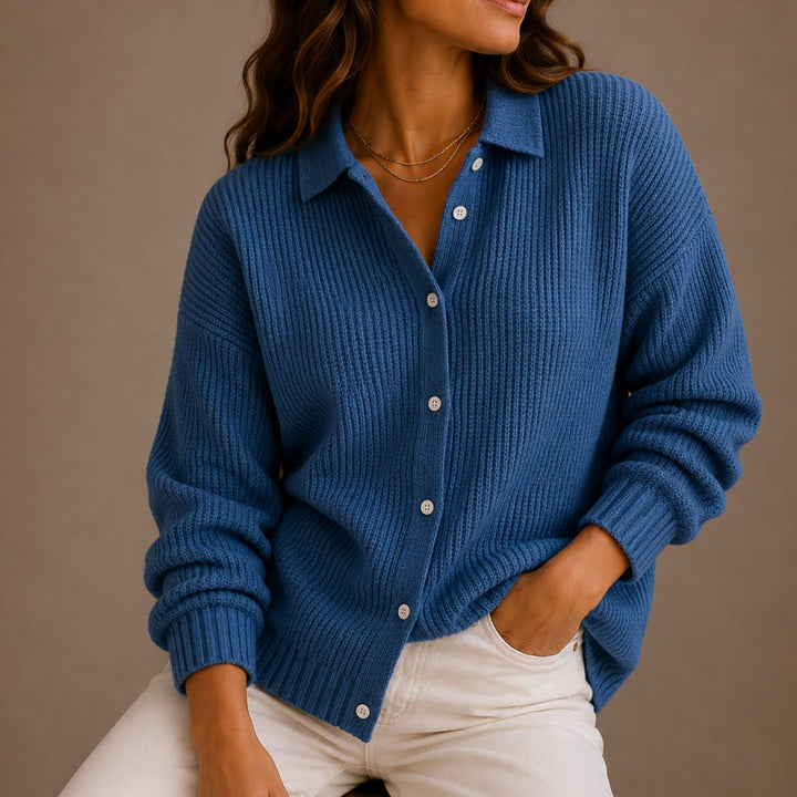 Women's Collared Button-Up Ribbed Knit Cardigan Relaxed Fit - Blue