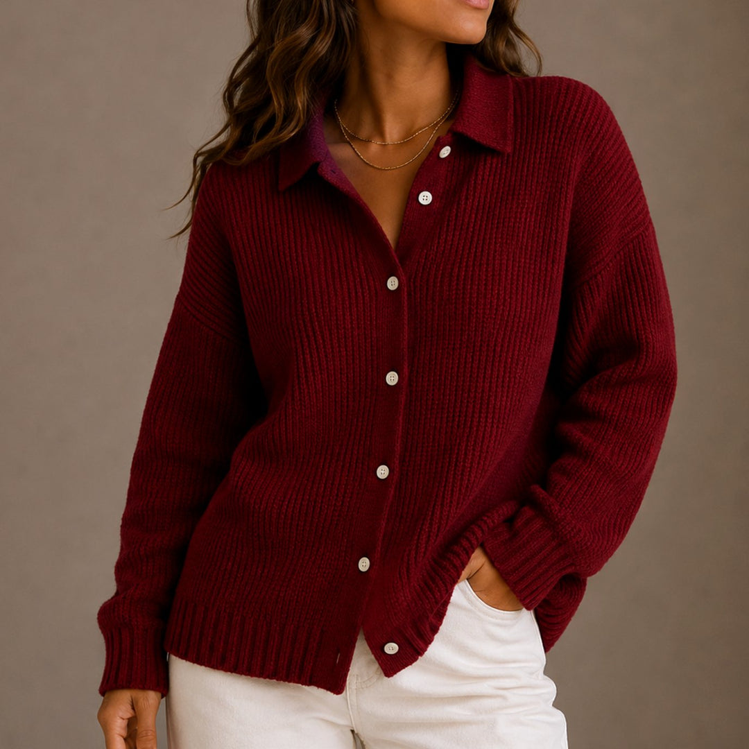 Women's Collared Button-Up Ribbed Knit Cardigan Relaxed Fit - Red