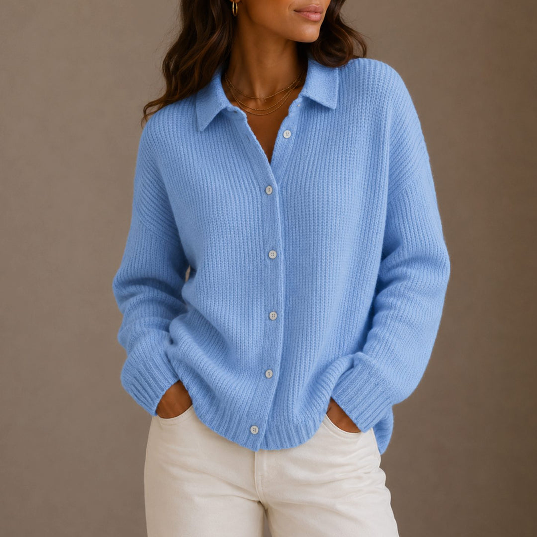 Women's Collared Button-Up Ribbed Knit Cardigan Relaxed Fit - Light Blue