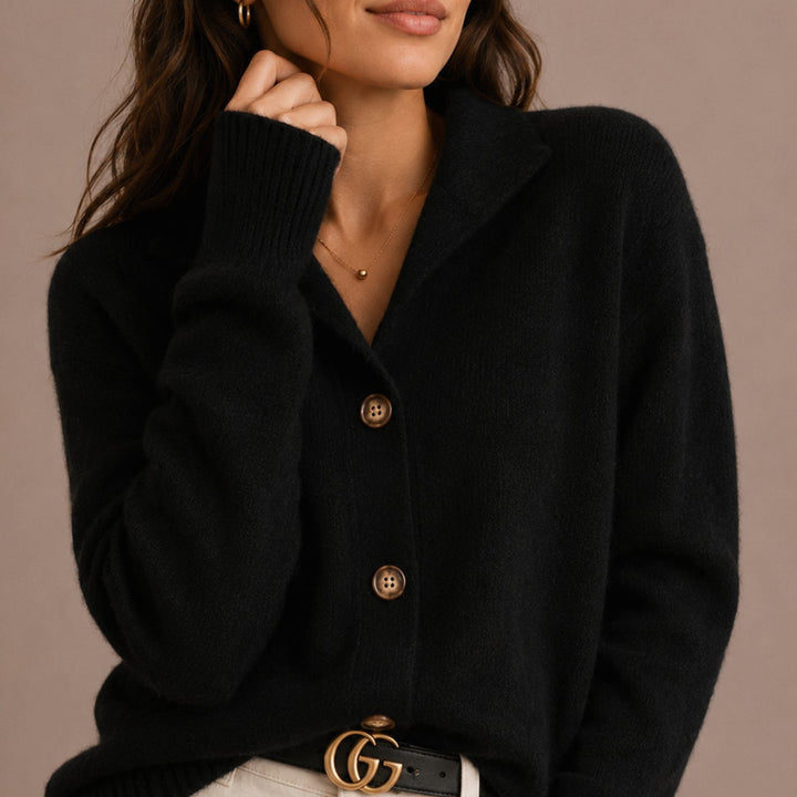 Women's Collared Knit Button-Up Relaxed Cardigan - Black