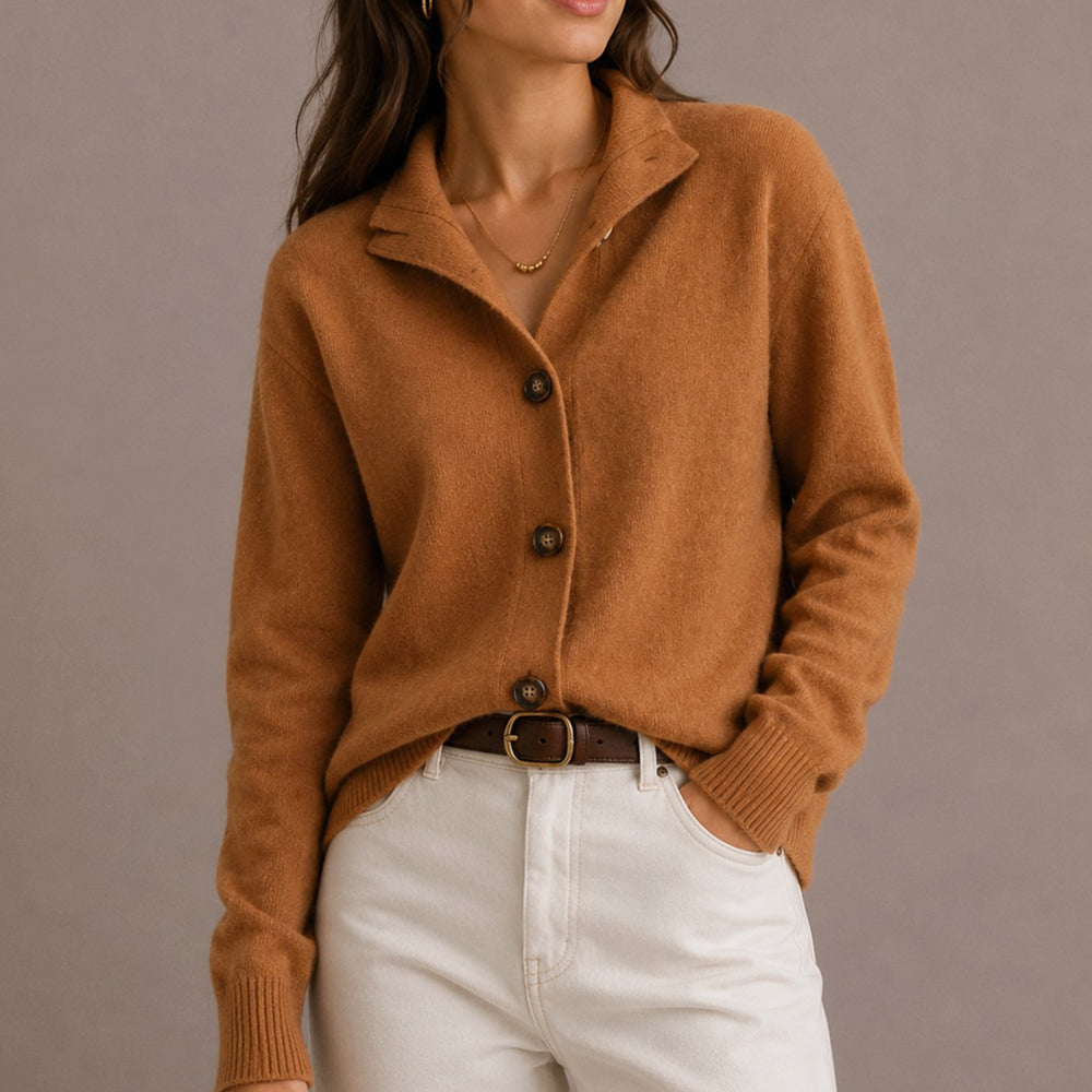 Women's Collared Knit Button-Up Relaxed Cardigan - Brown