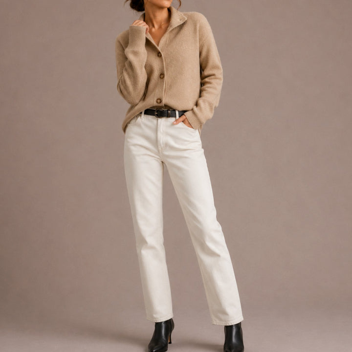 Women's Collared Knit Button-Up Relaxed Cardigan - Beige