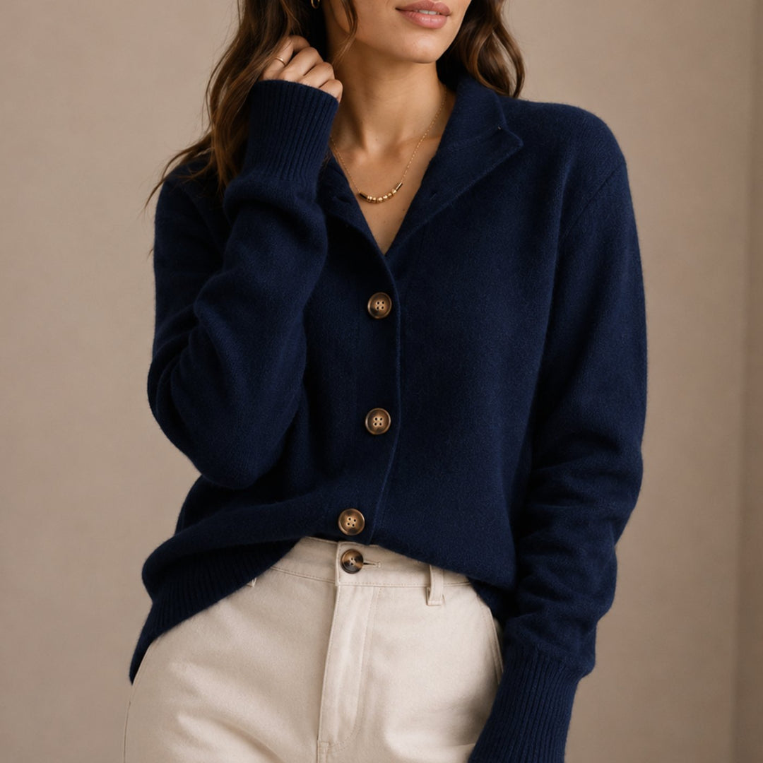 Women's Collared Knit Button-Up Relaxed Cardigan - Navy