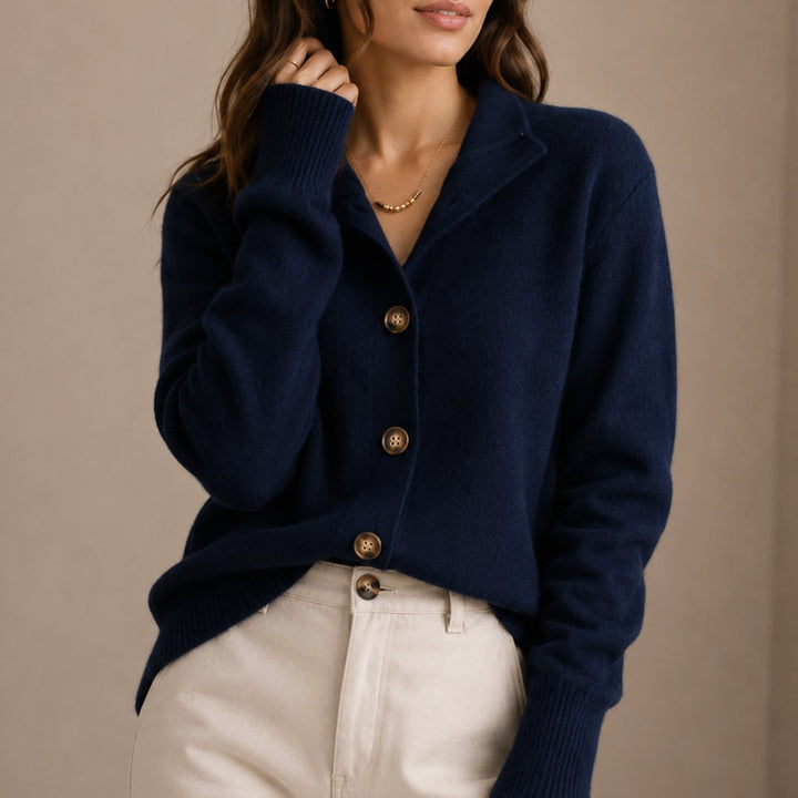 Women's Collared Knit Button-Up Relaxed Cardigan - Navy