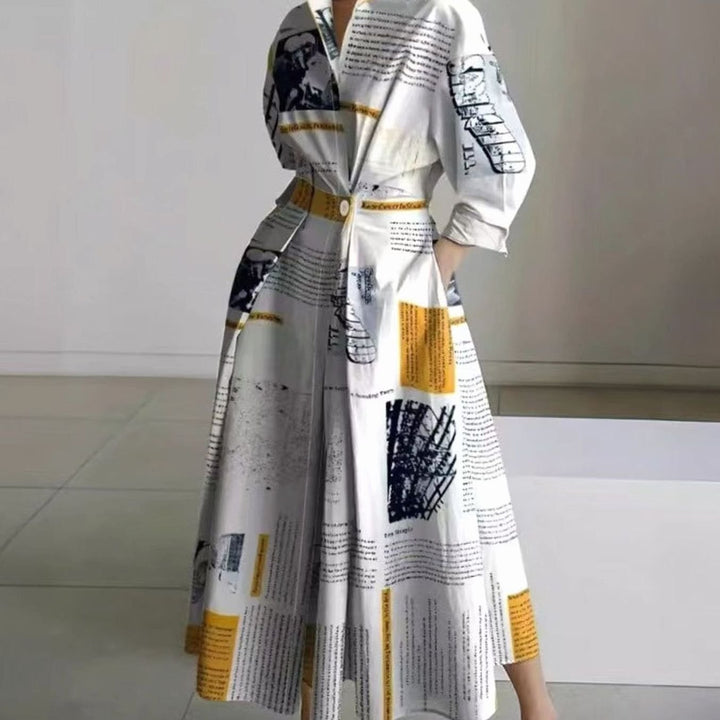 Women's Collared Maxi Shirt Dress Newspaper Print Wrap Front - Yellow Newspaper Print