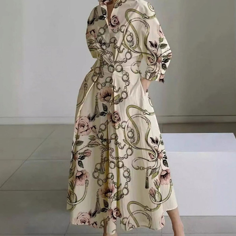 Women's Collared Maxi Shirt Dress Newspaper Print Wrap Front