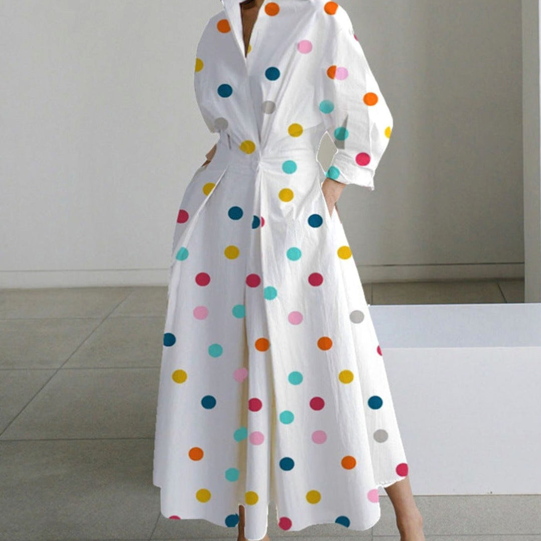 Women's Collared Maxi Shirt Dress Newspaper Print Wrap Front - Rainbow Polka Dot