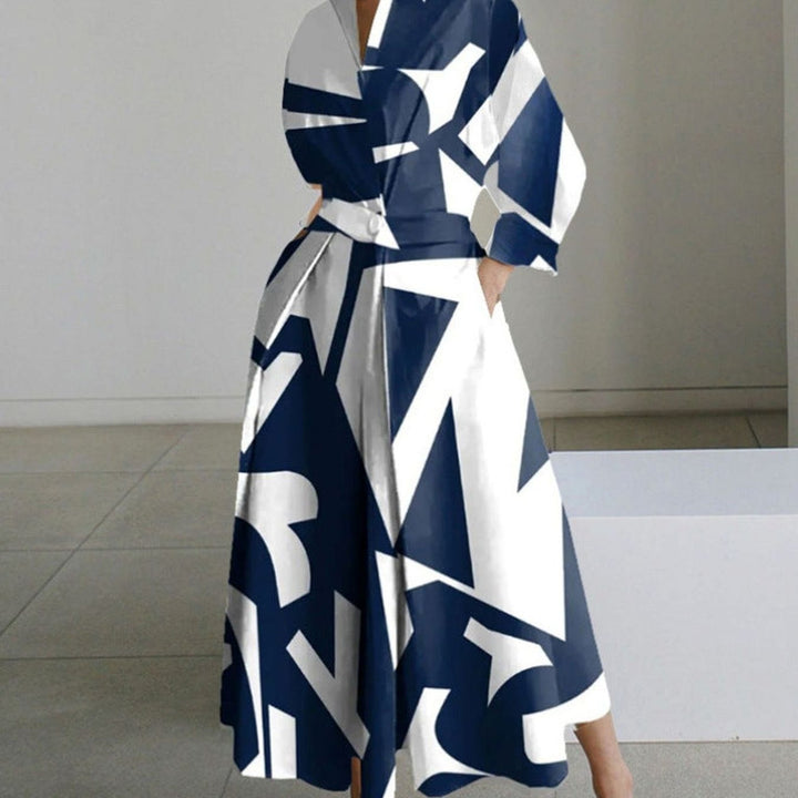 Women's Collared Maxi Shirt Dress Newspaper Print Wrap Front - Blue Stripe
