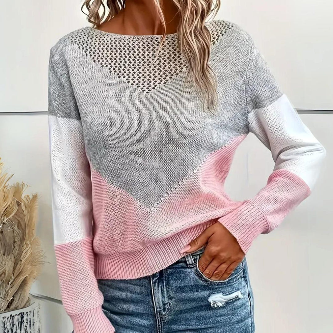 Women's Color Block Sweater Relaxed-Fit Mesh-Detail Knit Pullover