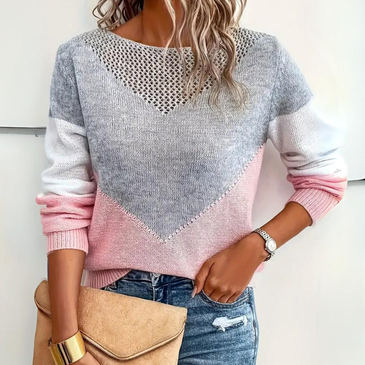 Women's Color Block Sweater Relaxed-Fit Mesh-Detail Knit Pullover - Pink