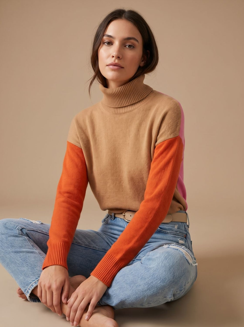 Women's Color Block Turtleneck Relaxed-Fit Pullover Sweater