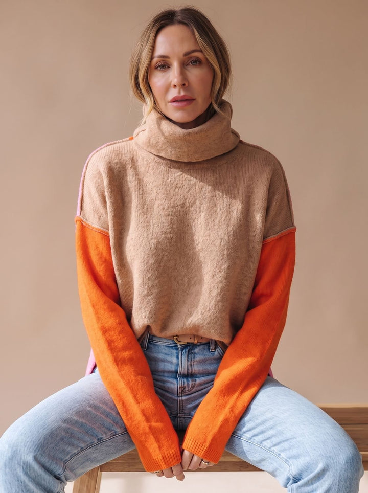 Women's Color Block Turtleneck Relaxed-Fit Pullover Sweater