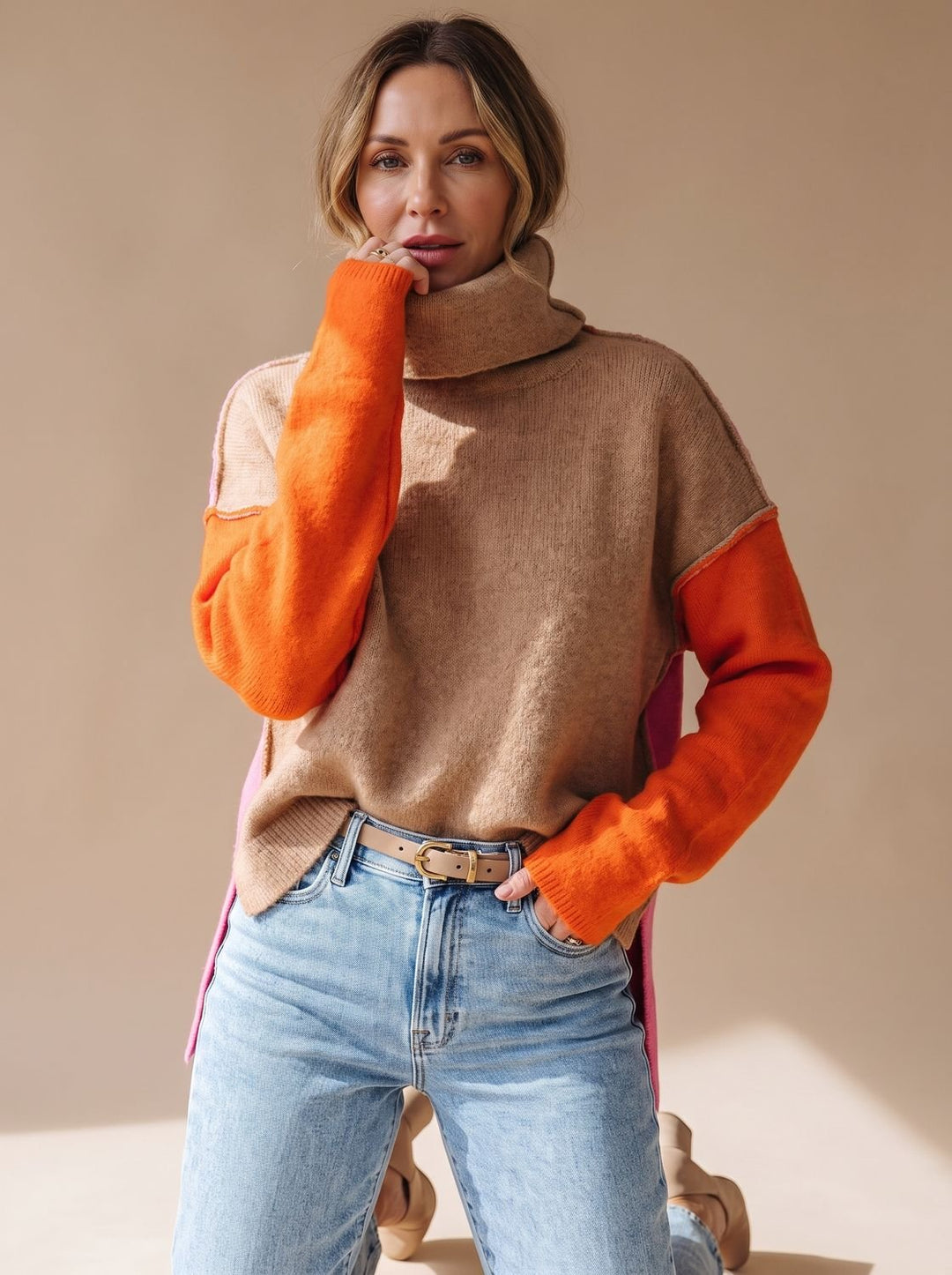 Women's Color Block Turtleneck Relaxed-Fit Pullover Sweater