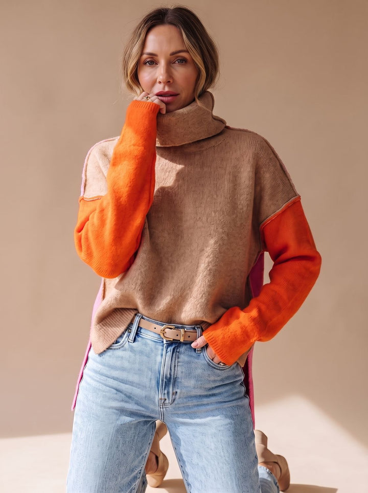 Women's Color Block Turtleneck Relaxed-Fit Pullover Sweater