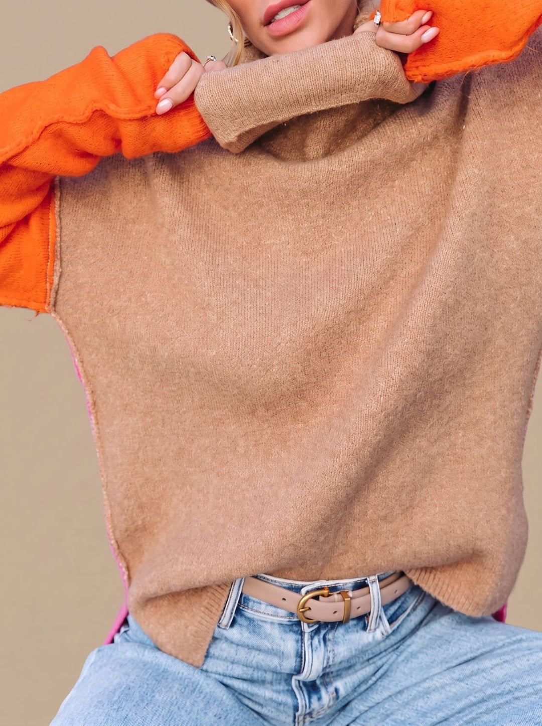 Women's Color Block Turtleneck Relaxed-Fit Pullover Sweater