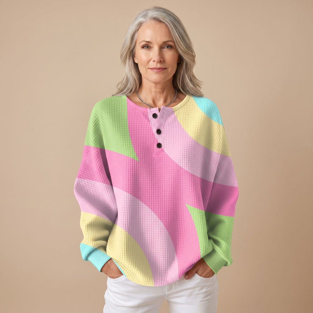 Women's Colorblock Geometric Knit Henley Sweater - Pink
