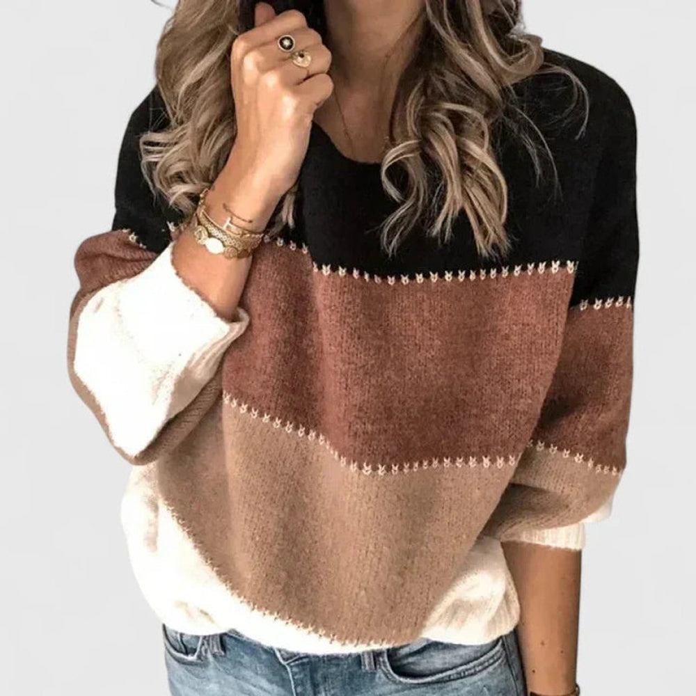 Women's Colorblock Striped Crewneck Pullover Sweater - Khaki