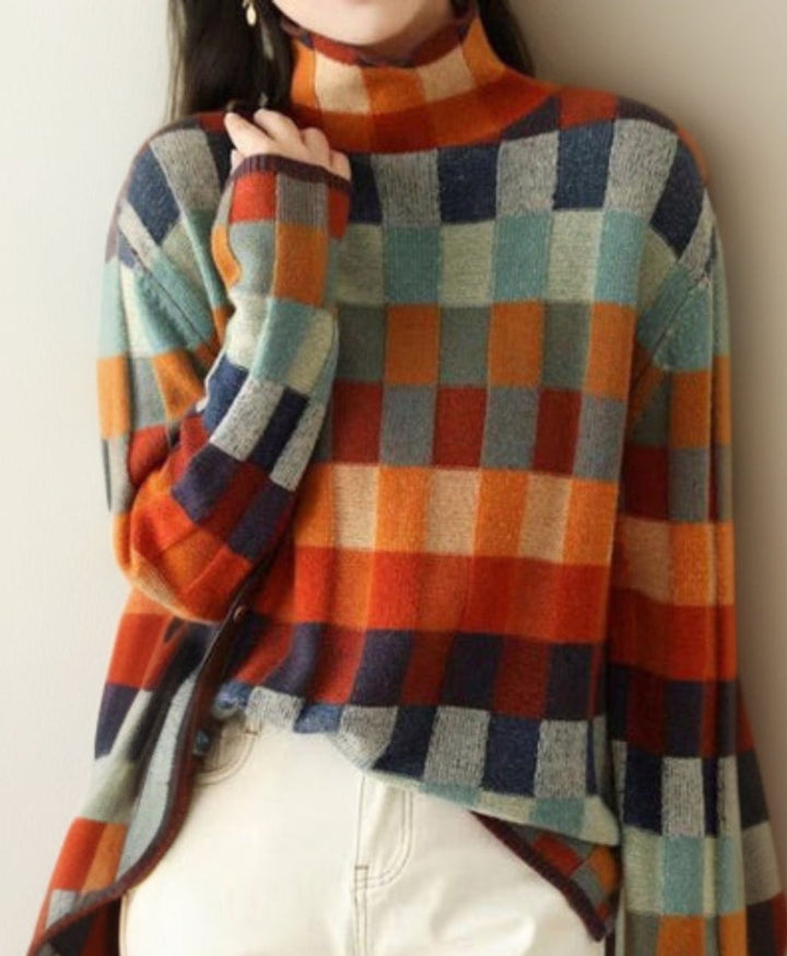 Women's Colorblock Turtleneck Knit Sweater Relaxed Pullover