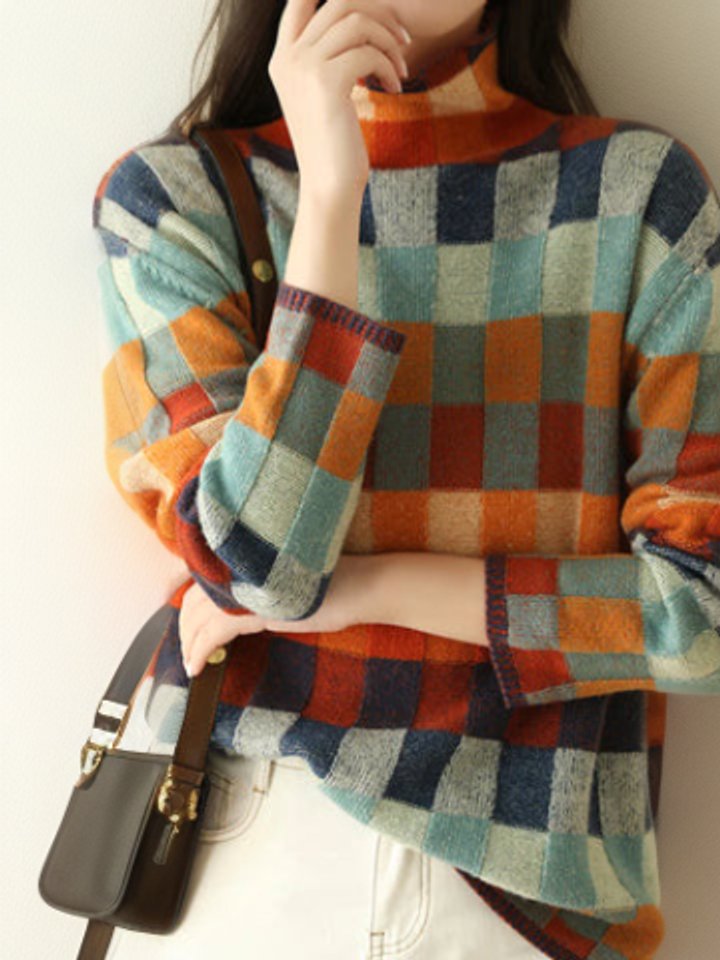 Women's Colorblock Turtleneck Knit Sweater Relaxed Pullover