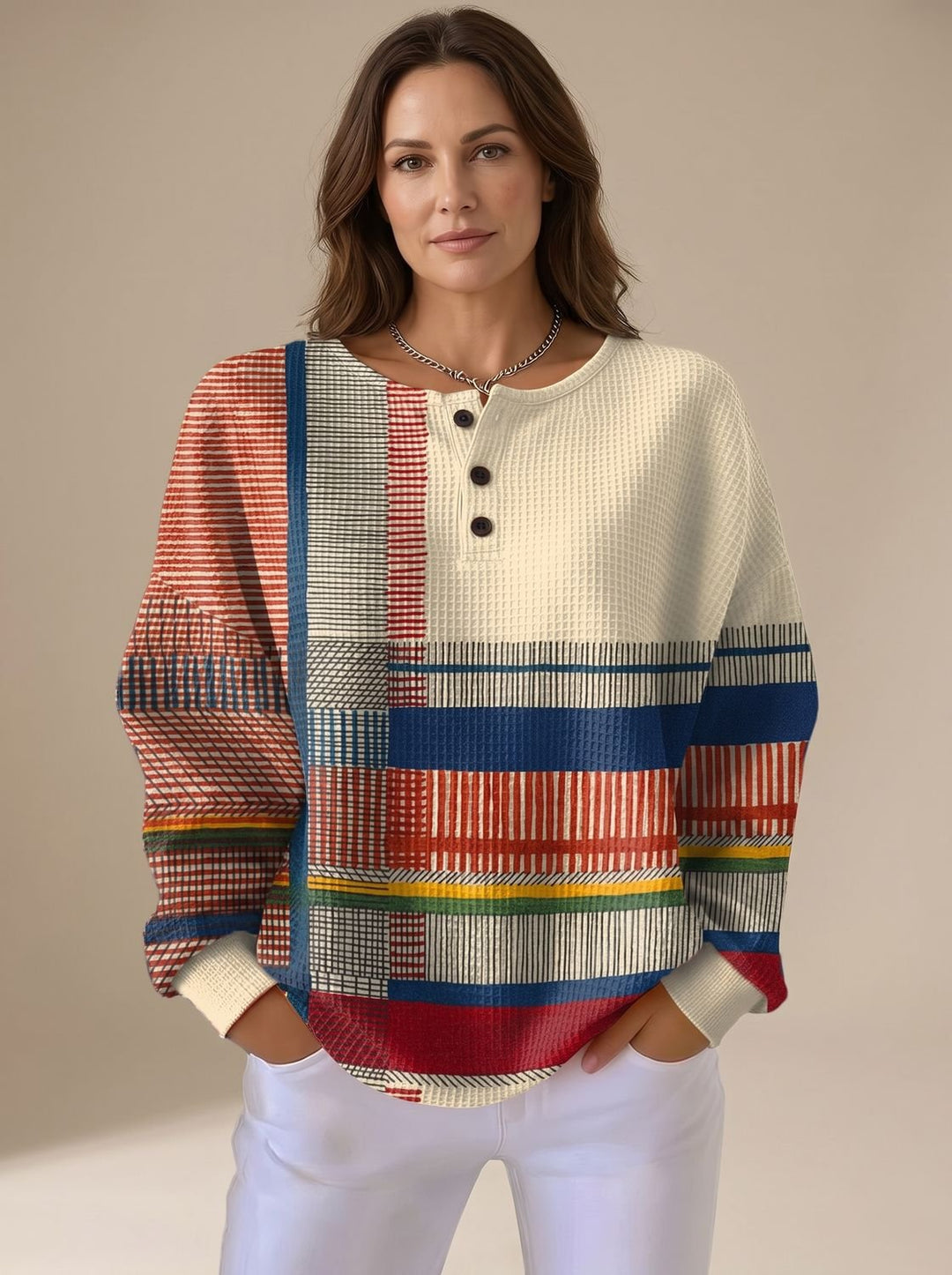 Women's Colorblock Waffle-Knit Henley Pullover Sweater