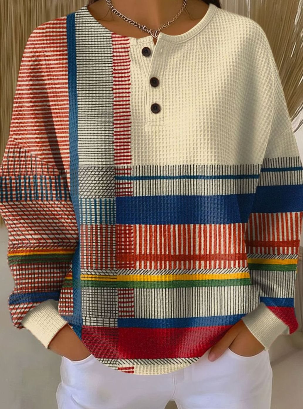 Women's Colorblock Waffle-Knit Henley Pullover Sweater, Multicolor - Multicolor