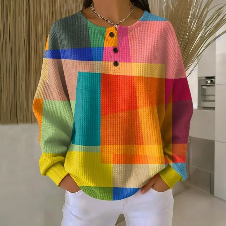 Women's Colorblock Waffle-Knit Long Sleeve Henley Sweater
