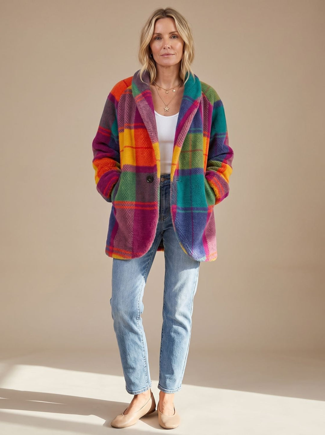 Women's Colorful Plaid Fleece Button-Front Coat with Pockets - Rainbow